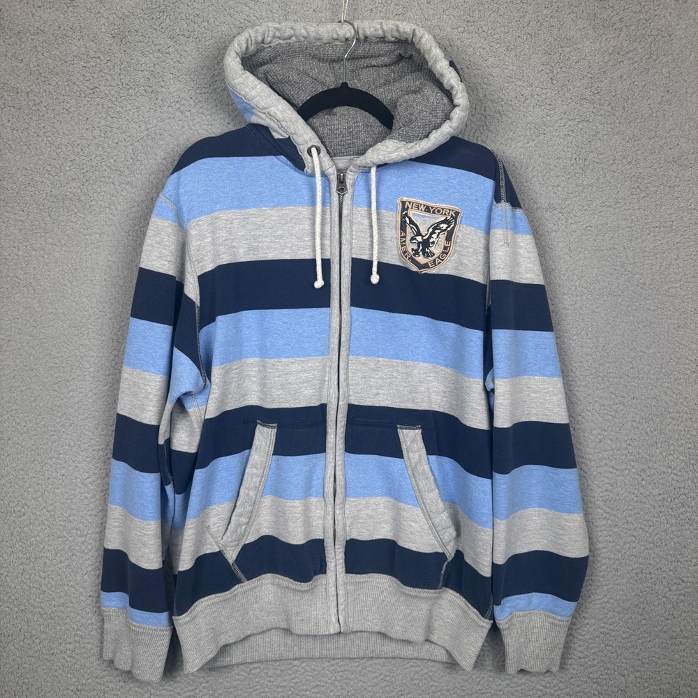 VTG American‎ Eagle Hoodie Mens XL Blue Gray Striped Preppy Rugby Waffle Y2K